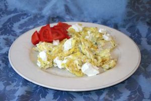 Turkey, Red Onion, Basil and Goat Cheese Scrambled Eggs