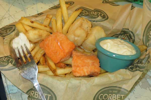 Gluten Free Fish and Chips (Salmon and Halibut) at Corbett's Fish House on Hawthorne- Portland